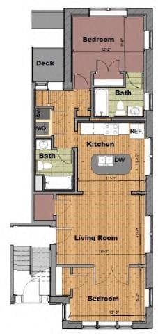 Floor plan for 2 beds, 2 baths, 892 sqft